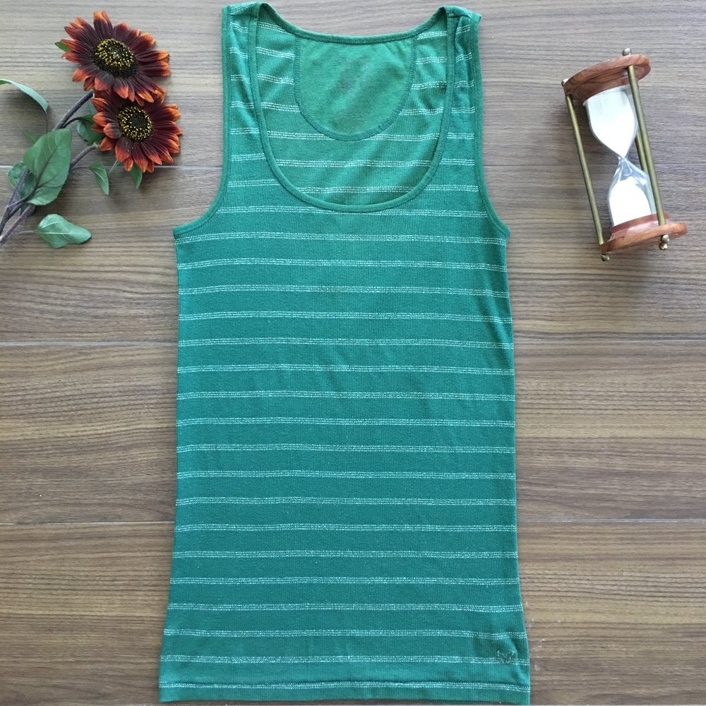 American Eagle Medium Green White Stripes Tank Top